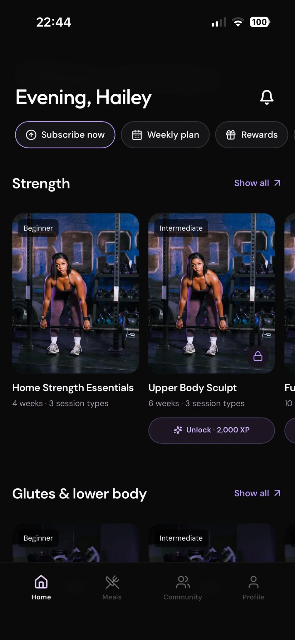 SCULPTÉ app — strength and lower-body programmes with levels and XP unlocks