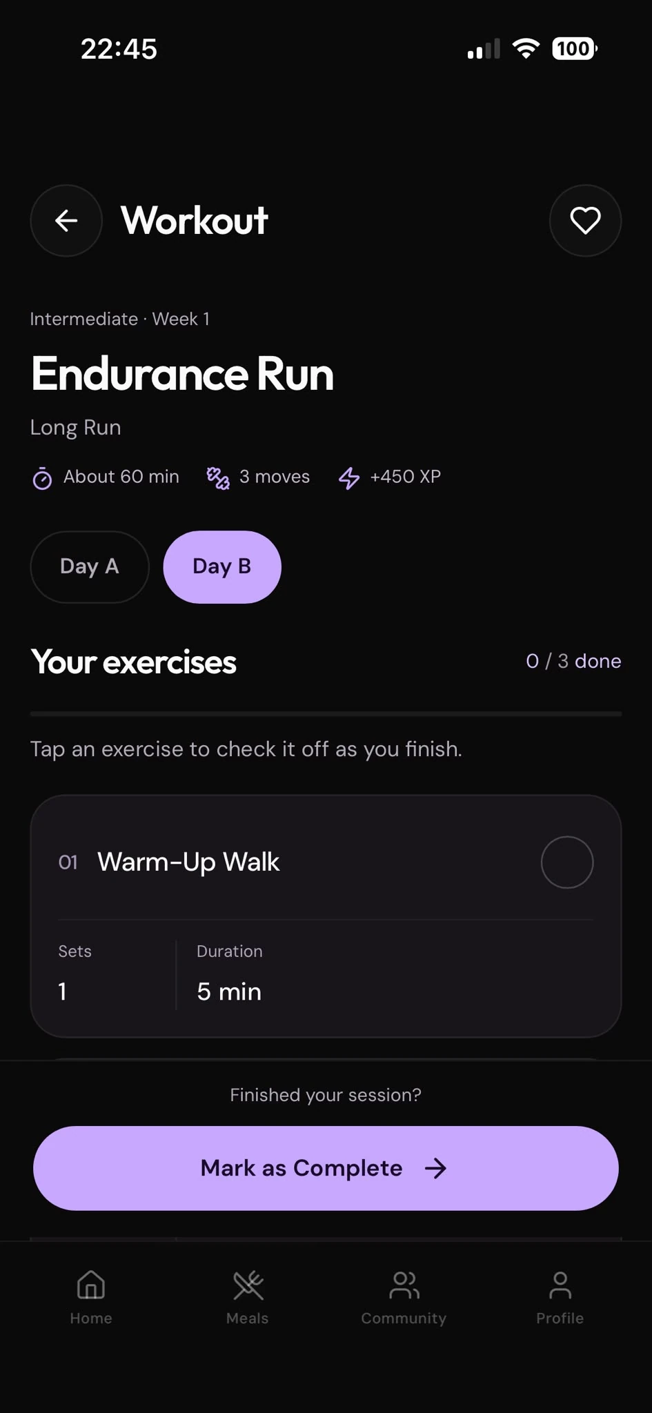 SCULPTÉ app — Endurance Run, Day B, with exercise duration and completion tracking