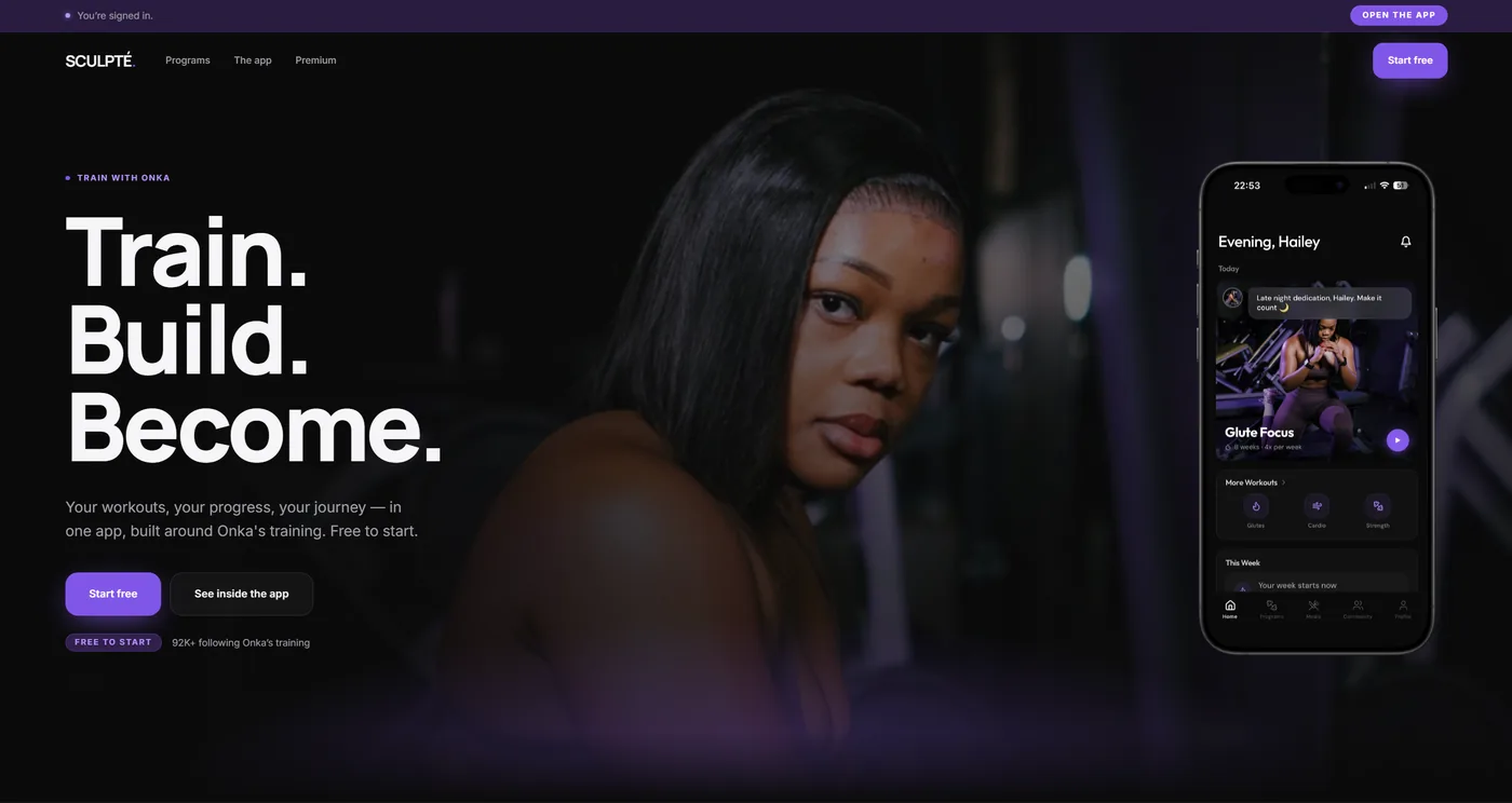 The SCULPTÉ website: a full-bleed portrait of Onka Kegakilwe beside the training app.